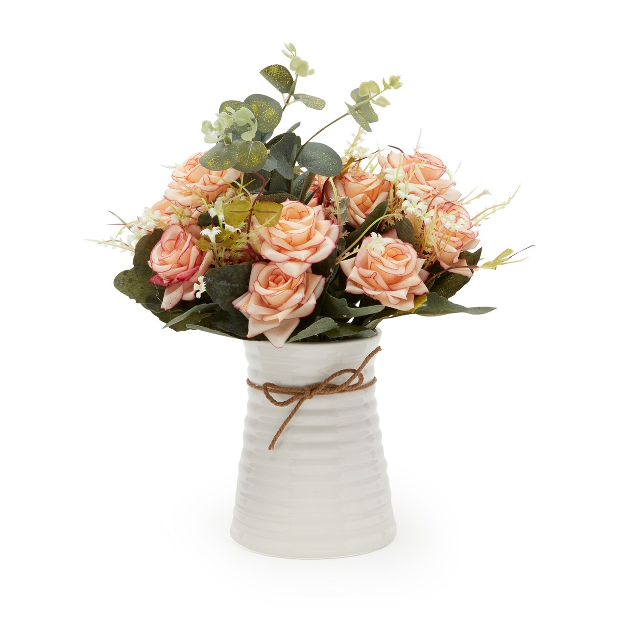 Artificial Flower Arrangements with White Ceramic Vase, Pink Roses and Eucalyptus